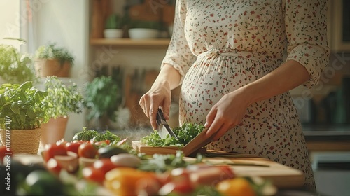 Pregnant Woman Preparing Healthy Kitchen Meal photo