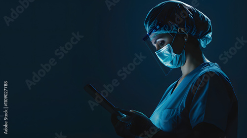 Nurse with a mask on the face using an ipad