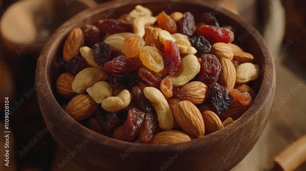 Healthy snack mix of nuts and dried fruits in a wooden bowl with natural textures on a warm, rustic wooden surface Healthy snack mix of nuts and dried fruits in a wooden bowl with natural textures on a warm, rustic wooden surface