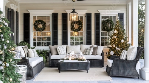 Classic outdoor living sofa lounge white black veranda porch Christmas tree decor sunroom exterior country chic luxury farmhouse entrance patio house traditional contemporary modern veranda entertain 