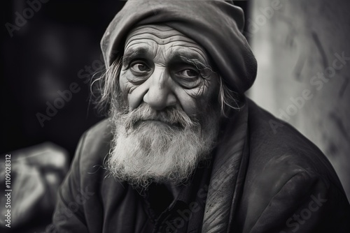 Poor beggar homeless man on a city street. The social problem of hunger and unemployment. AI generated.