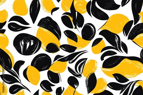 hand drawn seamless pattern with yellow flowers and black leaves. Wallpaper textile background social media advertising

