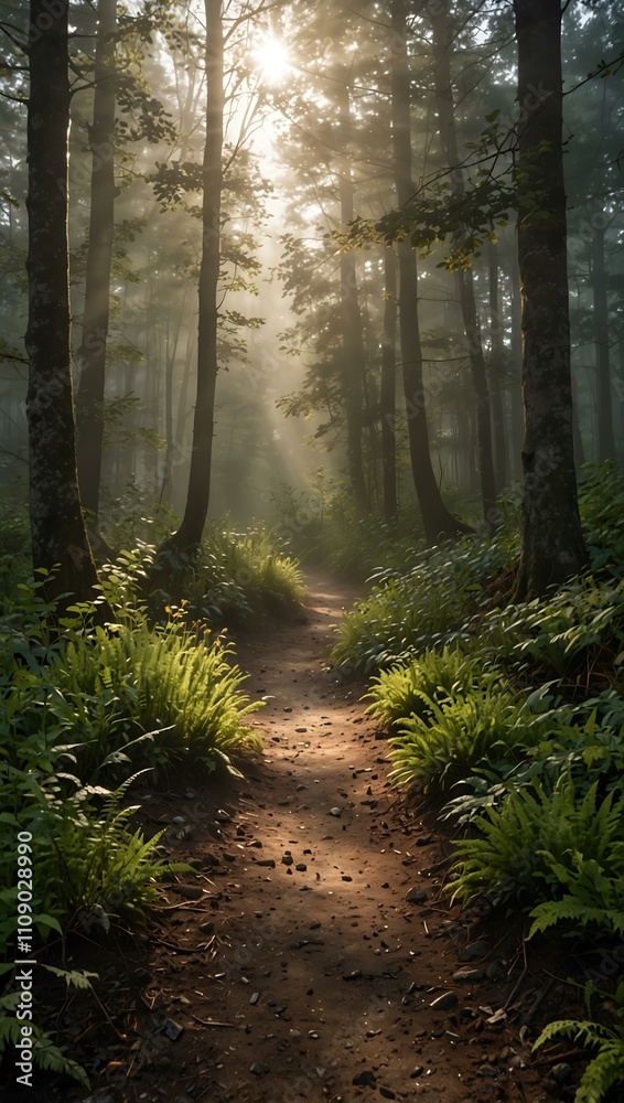 Obraz premium Tranquil forest path with sunlight filtering through mist.