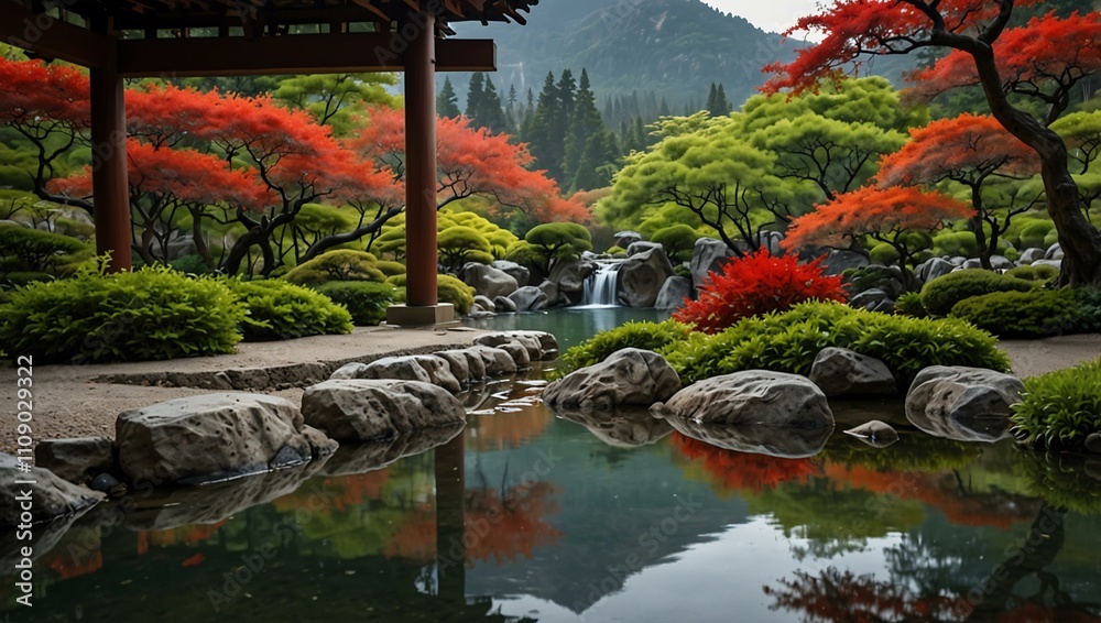 Naklejka premium Tranquil Japanese garden with mountain view and red flowers.