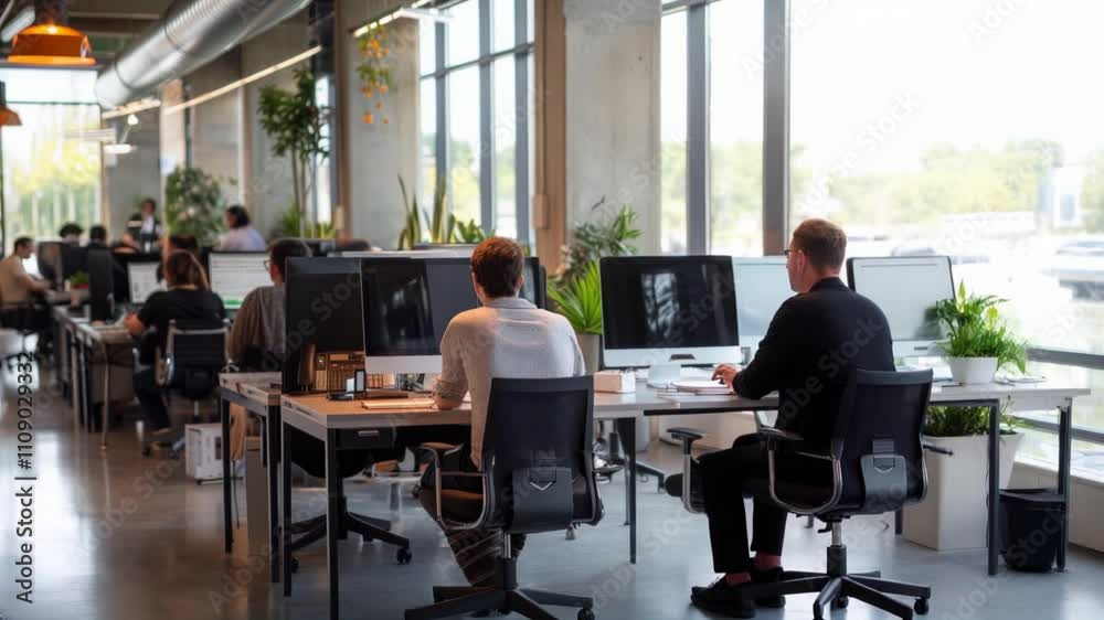 A large open office space with many people working at their desks A large open office space with many people working at their desks