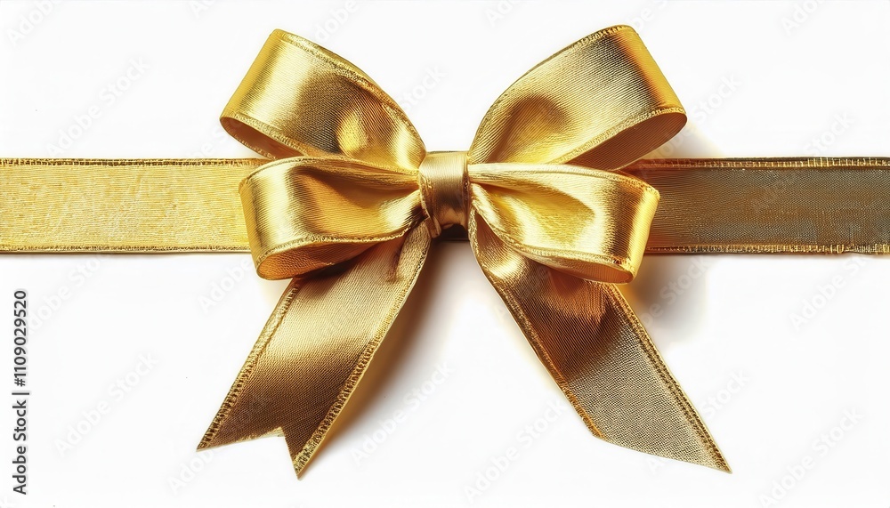 Fototapeta premium Elegant Gold Satin Bow Ribbon. Perfect for Christmas Gift Wrapping, Holiday Decorations, Festive Wreaths, Party Favors, and Luxurious Seasonal Crafts. Adds a Touch of Glamour to Your Celebrations