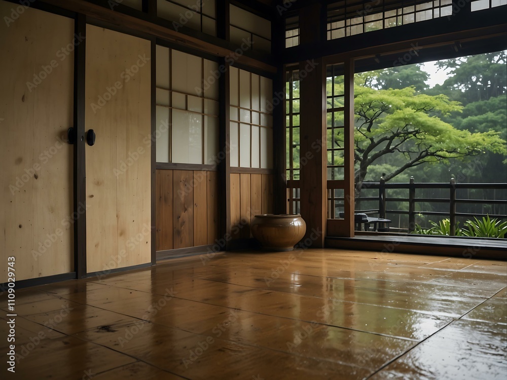 Obraz premium Tranquil rainy day in a traditional Japanese house