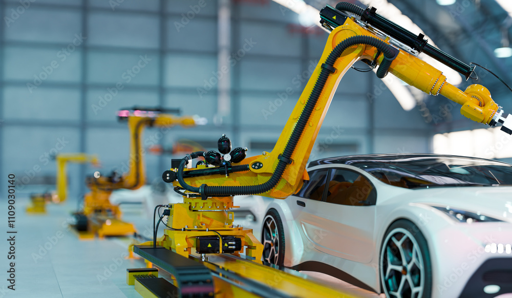 Fototapeta premium car assembly with robot arm working in factory, 3d illustration rendering
