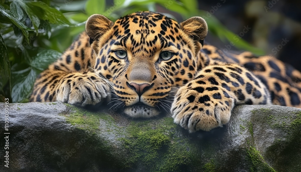 Obraz premium Magnificent Leopard Portrait Close-up of a Big Cat Resting on a Rock, Lush Jungle Setting