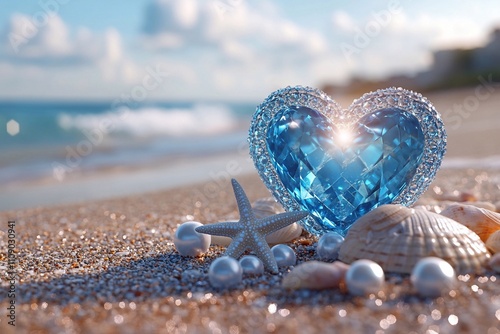 3D art-style wallpaper featuring a blue heart-shaped diamond, starfish, and pearls on a beach with ocean waves in the background, and scattered white seashells.


