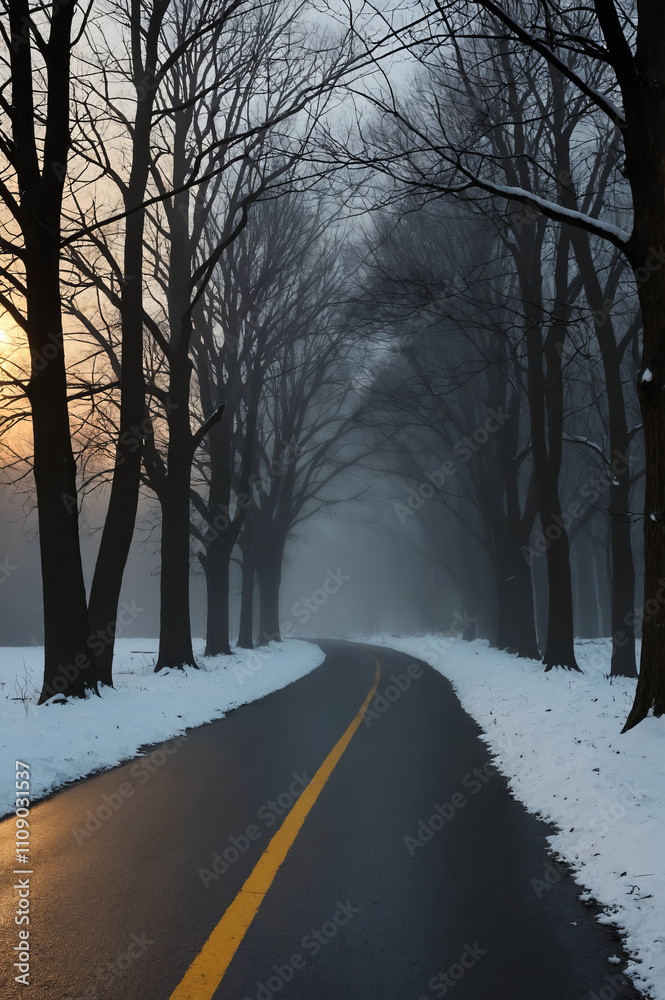 winter morning forest road. fog sunrise landscape winter morning forest road. fog sunrise landscape