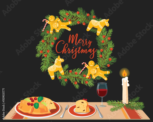 Hand drawn Christmas festive table vector illustration