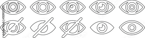 Black eye icon set. Bold outline detail , eyesight pictogram, see, visible, retina solid icons, Minimalist vector graphic design elements. Simple geometric design. isolated on transparent background,