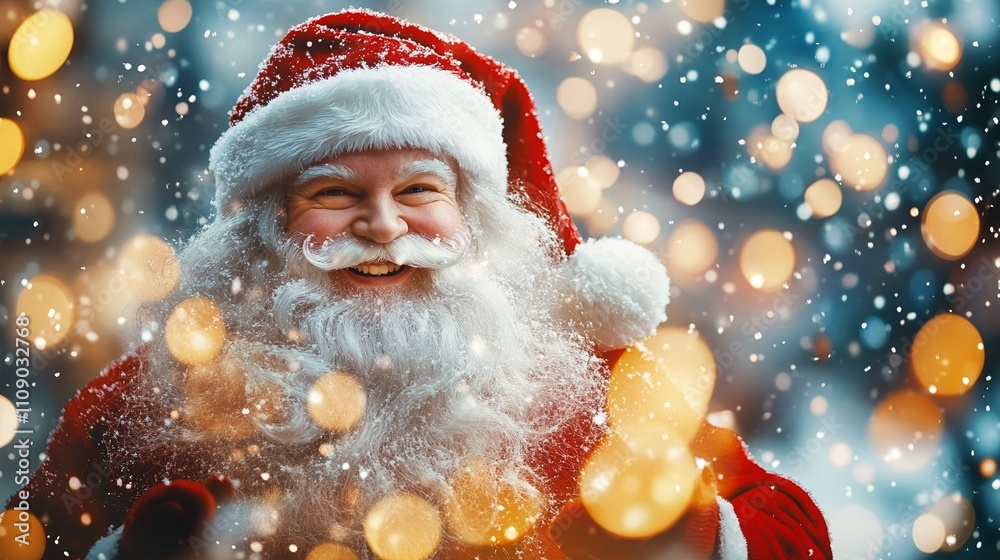 Cheerful Santa Claus in Snow with Bokeh Lights on Festive Background Cheerful Santa Claus in Snow with Bokeh Lights on Festive Background