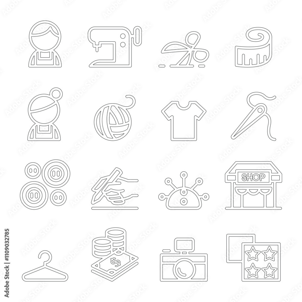 Fototapeta premium Fashion design , tailor , Dressmaker , sewing icons set in thin line style