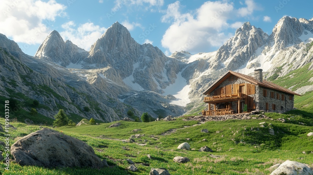Fototapeta premium Mountain Retreat Cinema High Above Snowy Peaks With Stunning Panoramic Views Warm Interior Capturing a Cozy Luxurious Escape