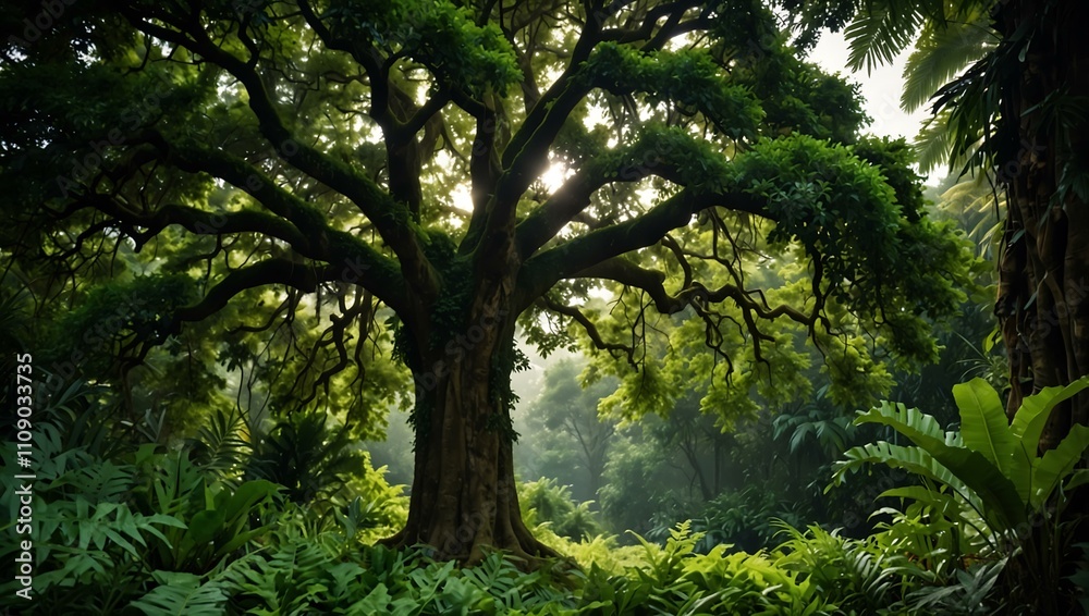Obraz premium Tree with broad canopy in lush greenery.