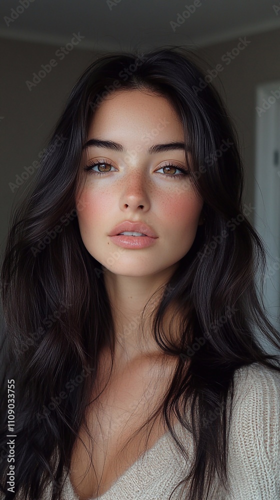 Naklejka premium A beautiful model with long, dark hair, light brown eyes, and a touch of pink blush on her cheeks. She is wearing winged eyeliner and smoky eye makeup, posing for the camera in front of an out-of-focu