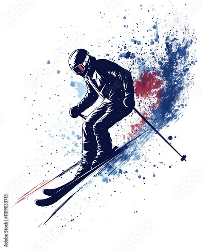 Skier, particle divergent composition. Skier athlete rushes flying in the air silhouette. Vector illustration style. White background