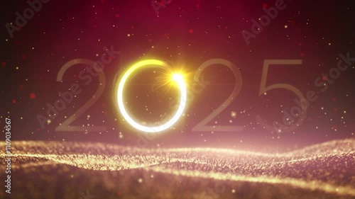 Happy new year 2025 neon animation. Year of the snake. Chinese calendar. Shiny golden metallic numbers 2025 on red background with glitters and sparkles. New Year background.