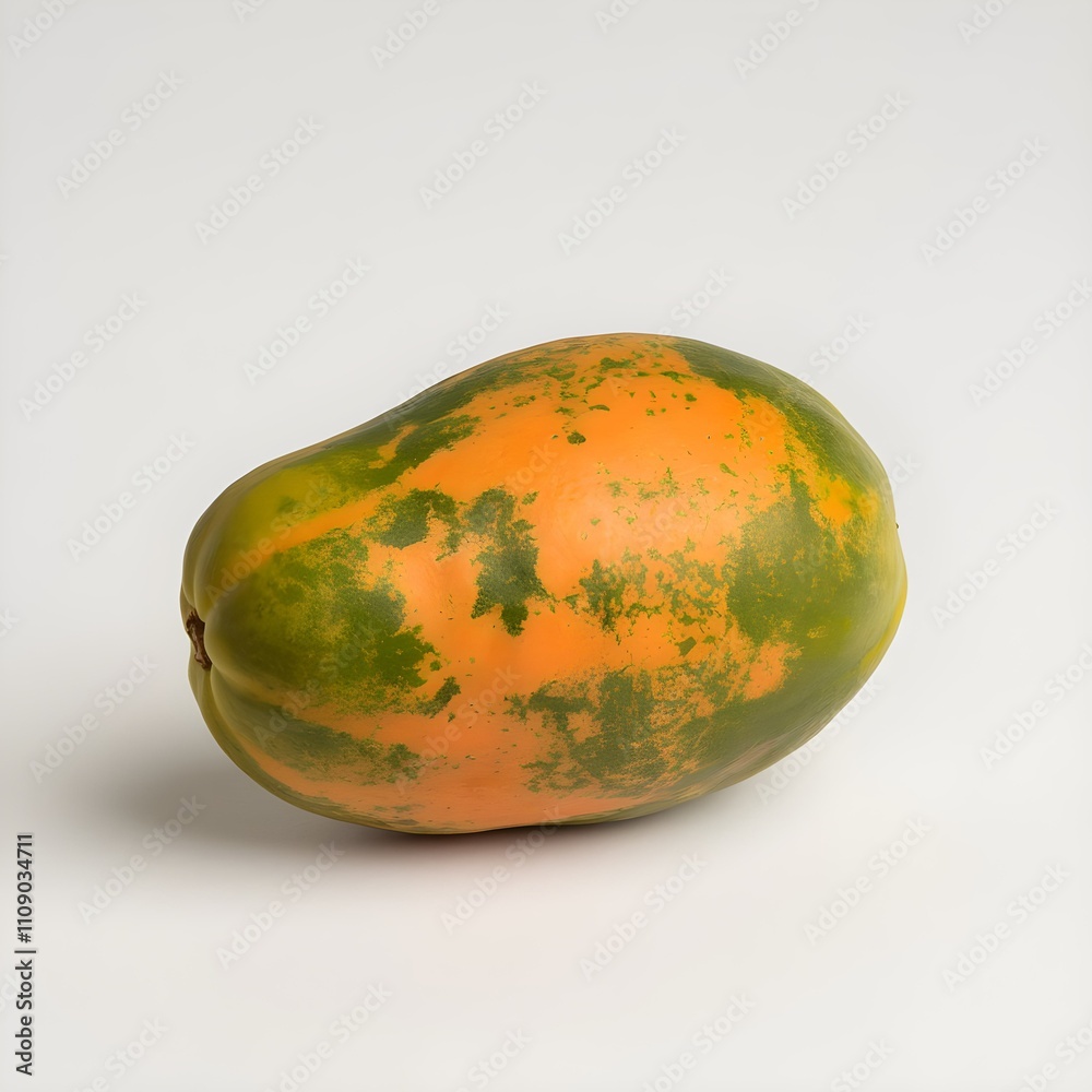  a papaya fruit on a white background.
The papaya is green and orange in color and is ripe.