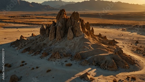 Trona Pinnacles at sunset, aerial shot over rock formations. photo