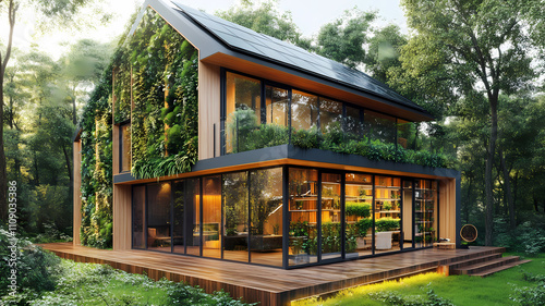 An eco-friendly sustainable house surrounded by greenery, featuring solar panels on the roof, a vertical garden on the walls, large glass windows for natural light, and a minimalist wooden deck, harmo