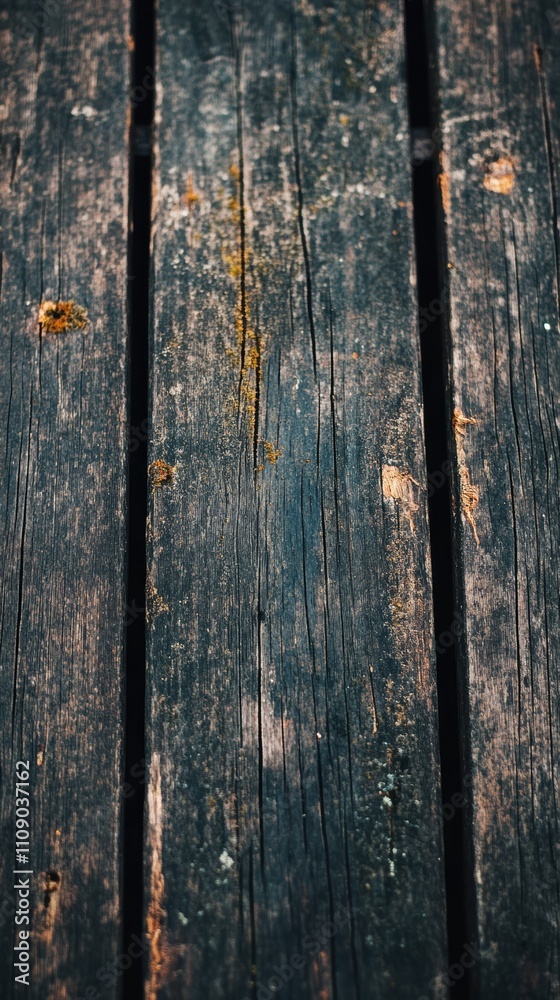 Fototapeta premium Vintage dark wooden planks with moss stains in natural setting