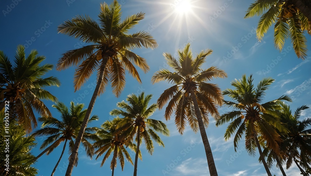 Obraz premium Tropical palm trees under a bright blue sky with sun flare.