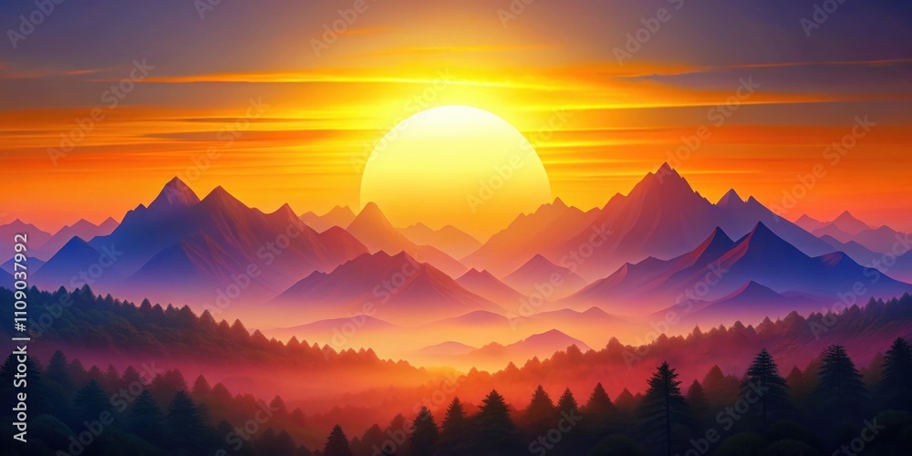 Obraz premium Stylized vibrant sunset landscape with a large sun over mountain peaks for abstract artwork, nature designs