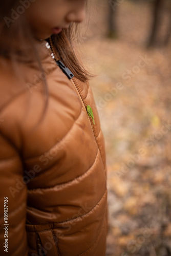 A green grig sits on a little girl's brown jacket.