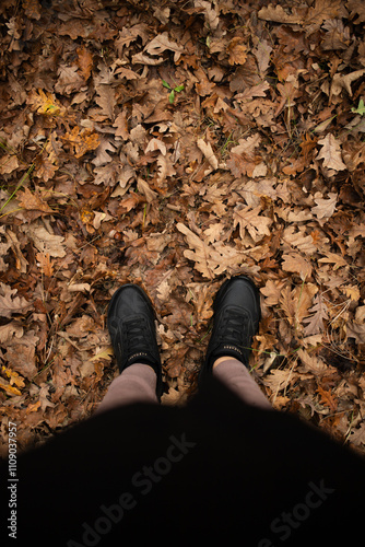 First view of woman's legs in black sneakers on autumn fallen leaves.