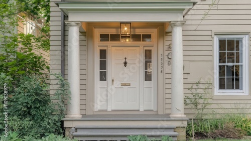 Elegant Front Entryway of a Classic Home with Columns and Beautiful Landscaping. Discover the charm of this classic home featuring an elegant front entryway, detailed columns, and lush green... photo