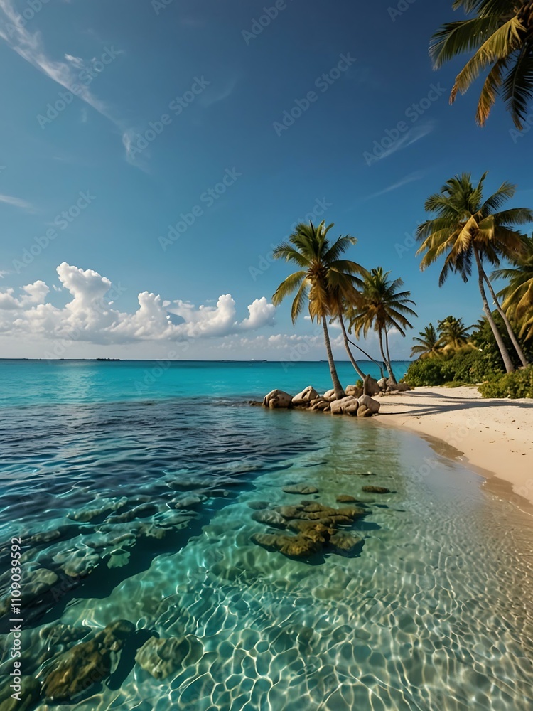 Obraz premium Turquoise water, palm trees, sunny sky.