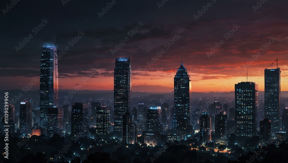 Fototapeta premium Twilight city skyline with glowing skyscraper.