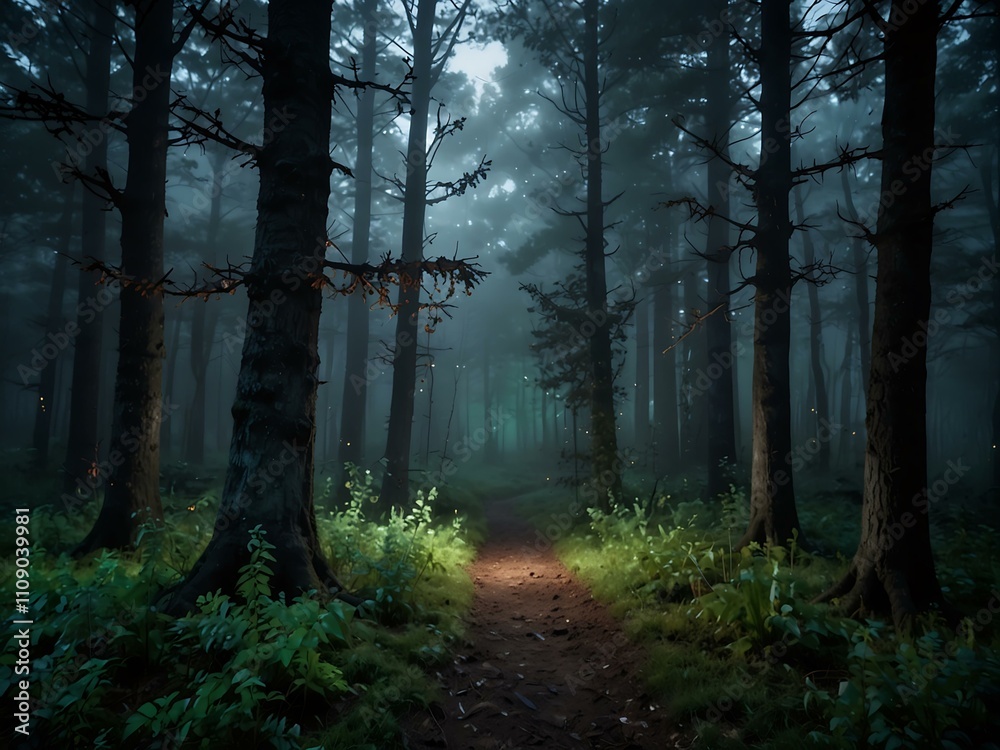Fototapeta premium Twilight forest with magical, foggy moonlit glow.
