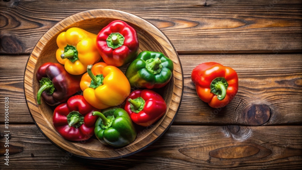 Close up shot of vibrant bell peppers in rustic wooden bowl on table with fisheye lens effect , kitchen, fisheye Close up shot of vibrant bell peppers in rustic wooden bowl on table with fisheye lens effect , kitchen, fisheye