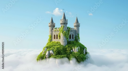Wallpaper Mural A majestic castle covered in lush greenery rises above the clouds under a clear blue sky, evoking a sense of fantasy and wonder. Torontodigital.ca