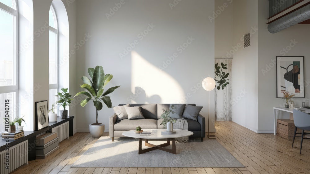 Fototapeta premium Stylish Modern Living Room with Bright Natural Light. Explore this spacious, contemporary living room featuring elegant decor, large windows, and a cozy atmosphere.
