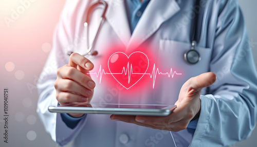 Doctor is holding tablet with heart cardiogram with a white accent, png