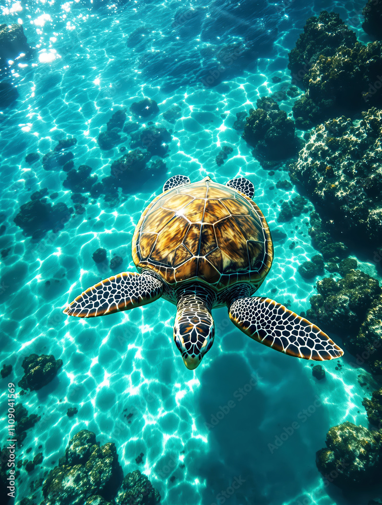 Fototapeta premium Sea Turtle in Sunlit Tropical Ocean Captured from Above with Intricate Details