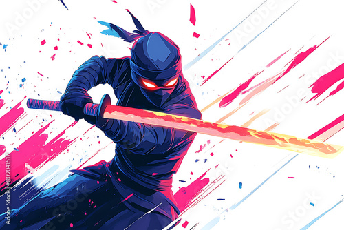 A dynamic ninja character wielding a glowing sword amidst vibrant splashes of color. photo