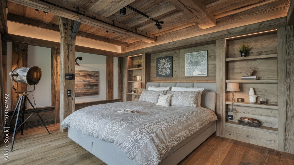 Cozy Rustic Bedroom with Warm Wooden Accents and Stylish Decor. Explore this inviting rustic bedroom featuring wooden beams, elegant bedding, and tasteful decor for a serene getaway. Cozy Rustic Bedroom with Warm Wooden Accents and Stylish Decor. Explore this inviting rustic bedroom featuring wooden beams, elegant bedding, and tasteful decor for a serene getaway.