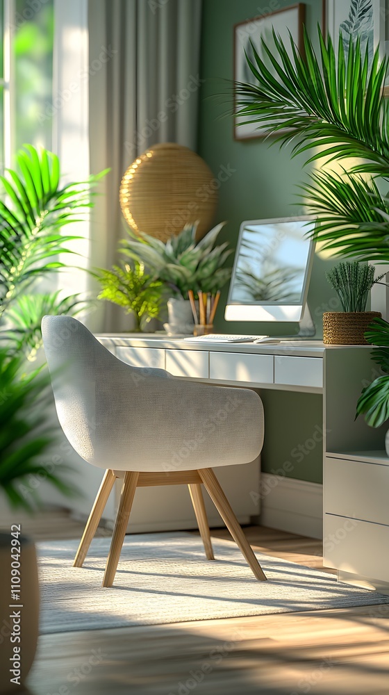 Fototapeta premium A bright modern office filled with greenery and cutting-edge technology, perfect for a productive advertising media and a relaxed working environment, creating a sense of calm and inspiration.