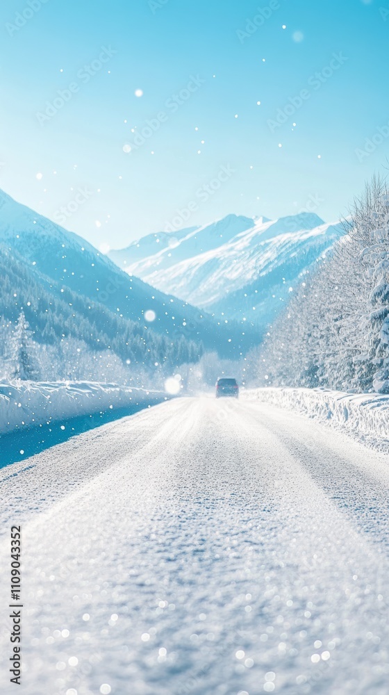 Obraz premium Winter highway in alpine mountains with snowcovered peaks