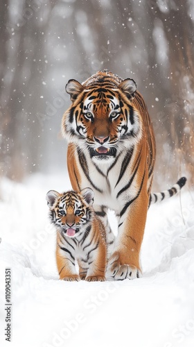An adult northeastern tiger and its adorable cub navigate through fresh snowflakes in a winter landscape, showcasing their bond