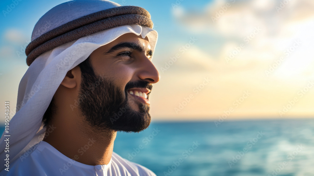 A smiling man in traditional attire enjoys the sunset by the sea, reflecting on the day's beauty and tranquility A smiling man in traditional attire enjoys the sunset by the sea, reflecting on the day's beauty and tranquility