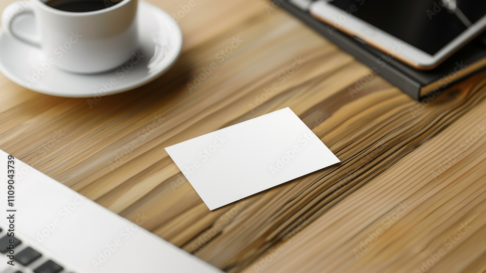 Blank business card on wooden table with cup of coffee, laptop and tablet Blank business card on wooden table with cup of coffee, laptop and tablet