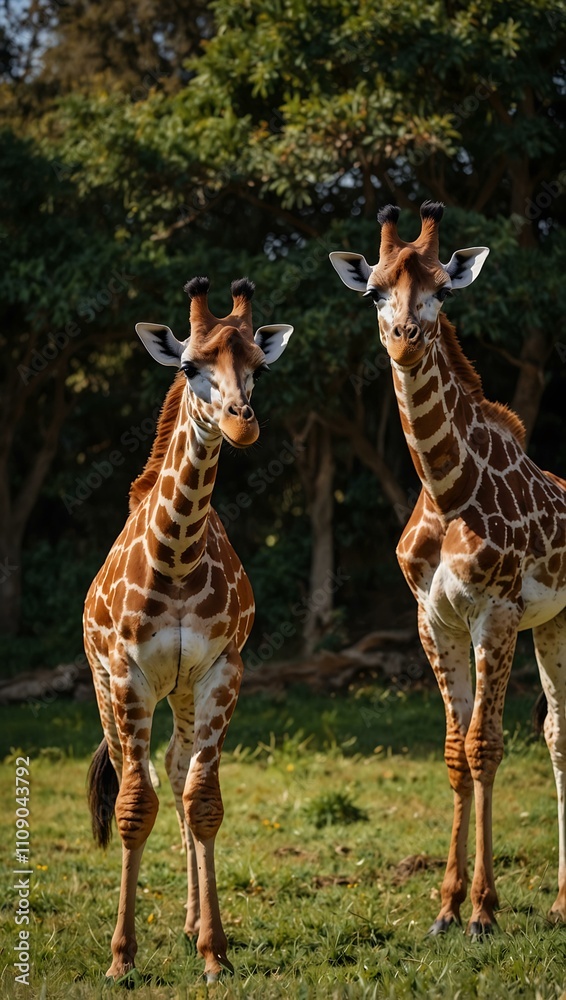 Obraz premium Two giraffes standing in the grass.