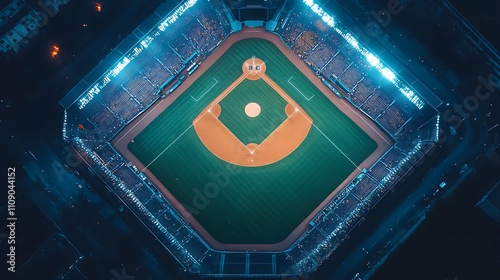 Night baseball game, aerial view. Stadium lights illuminate the field and stands.